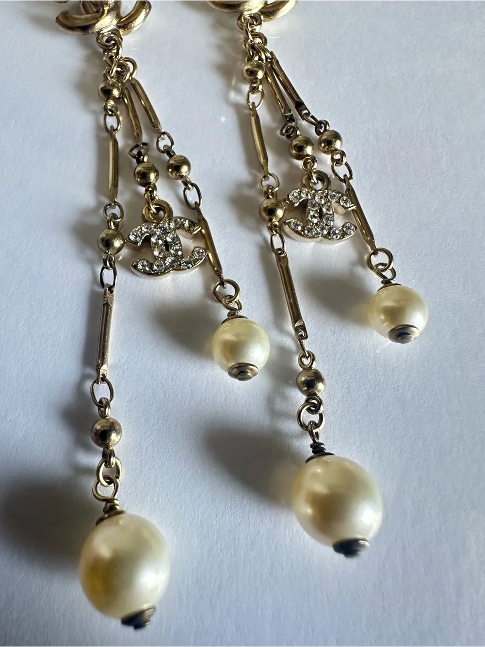CHANEL 11C Enamel Crystal CC Pearl Chandelier Drop Earrings Rare